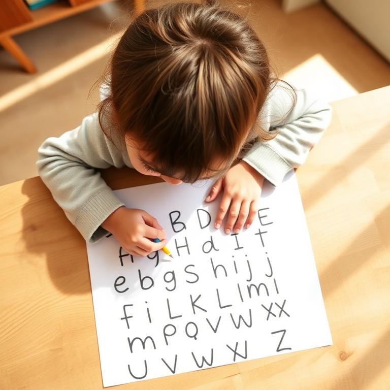 Criança traçando letras em uma folha de alfabeto